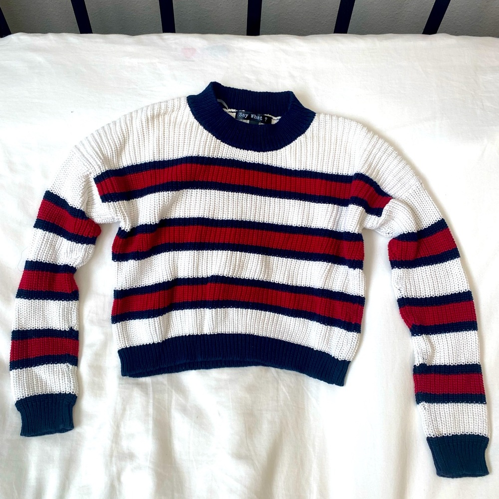 red white and blue crewneck sweater